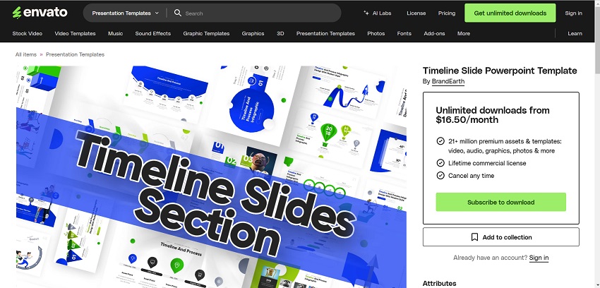 Timeline slides section template for PowerPoint, featuring a clean design with placeholders for text and visuals.