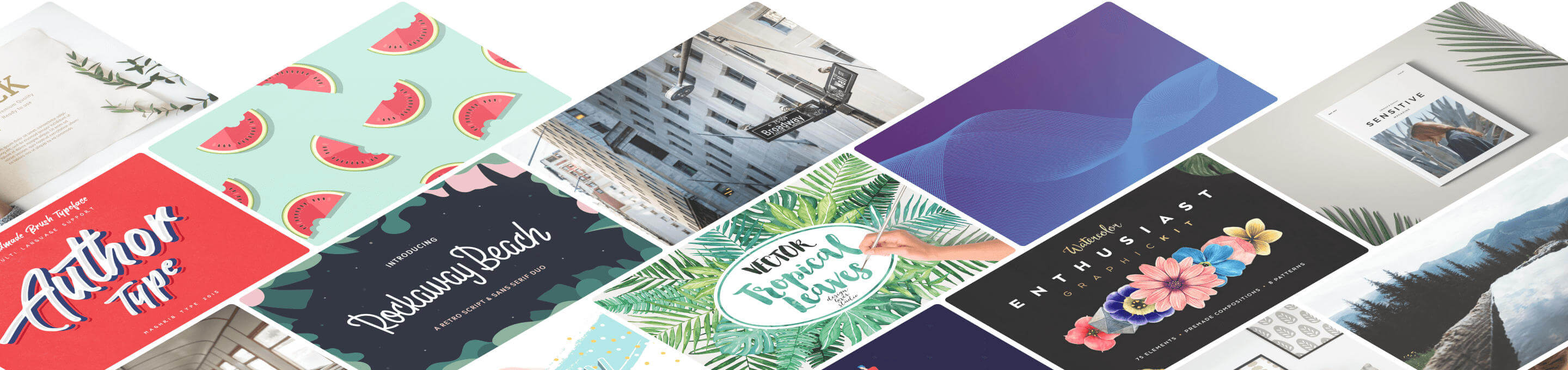 Vibrant, playful grid of modern design samples showcasing fonts, textures, and branding styles in a bold creative layout.