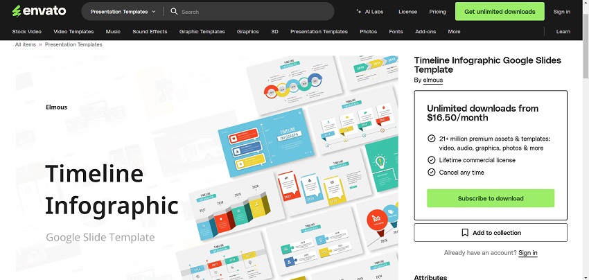 A PowerPoint template displaying a timeline infographic, highlighting significant milestones with vibrant colors and organized sections.