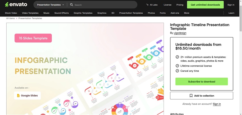 Infographic timeline presentation template by ujgodesign, available on Google Slides with subscription for premium assets.