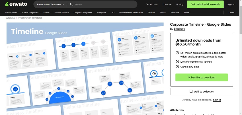Business and corporate timeline templates for Google Slides by SlidePack, with subscription options for premium assets.