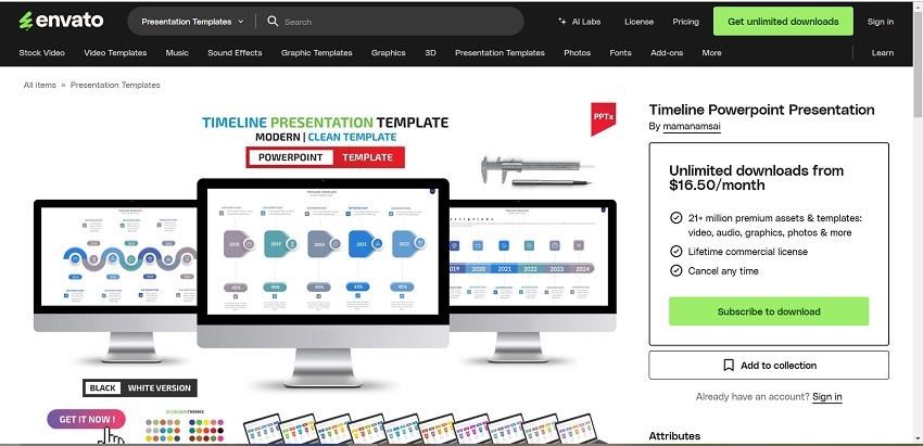 A PowerPoint template displaying a timeline infographic, highlighting significant milestones with vibrant colors and organized sections.