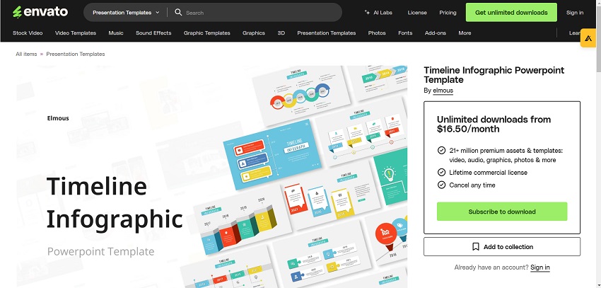 Screenshot of a timeline infographic template, illustrating a structured layout for presenting chronological events and milestones.