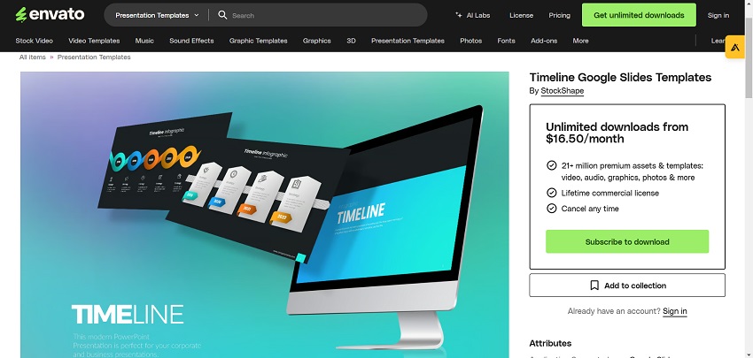 Timeline Google Slides template by StockShape, offering premium assets and subscription details.